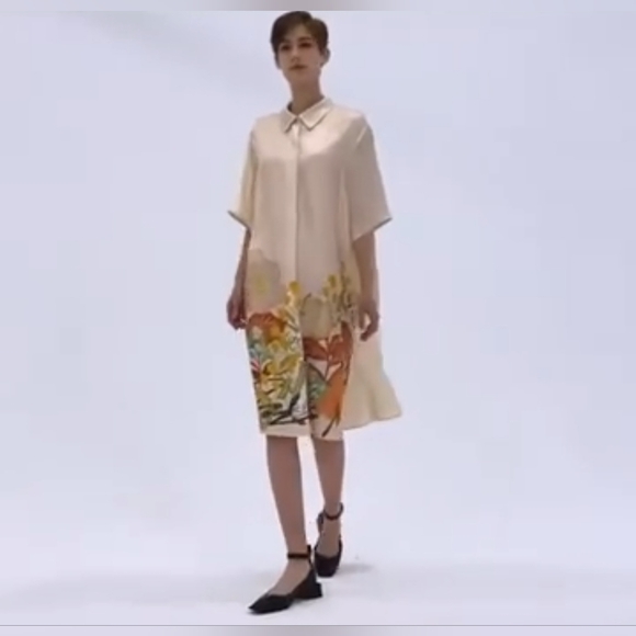 LATTELIER Floral Print Silk Short Sleeve Shirt Dress M - Picture 3 of 11